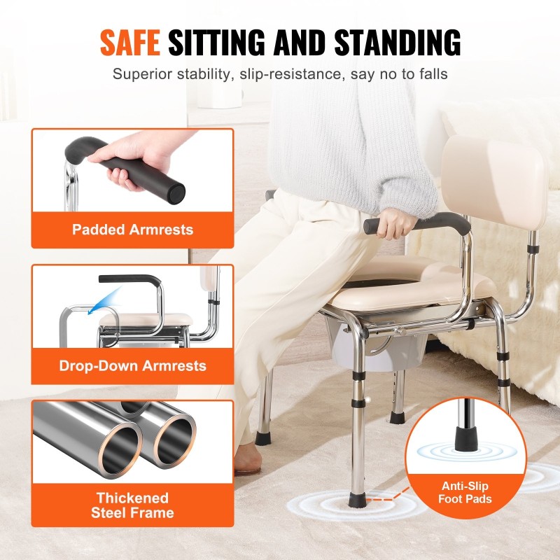 WC-tuoli teräsrunko pehmustettu istuin selkänojalla 7-portainen korkeussäätö 5,8 l ämpäri 158,8 kg