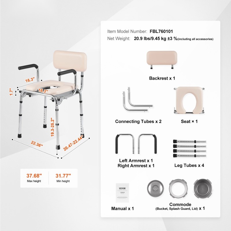 WC-tuoli teräsrunko pehmustettu istuin selkänojalla 7-portainen korkeussäätö 5,8 l ämpäri 158,8 kg