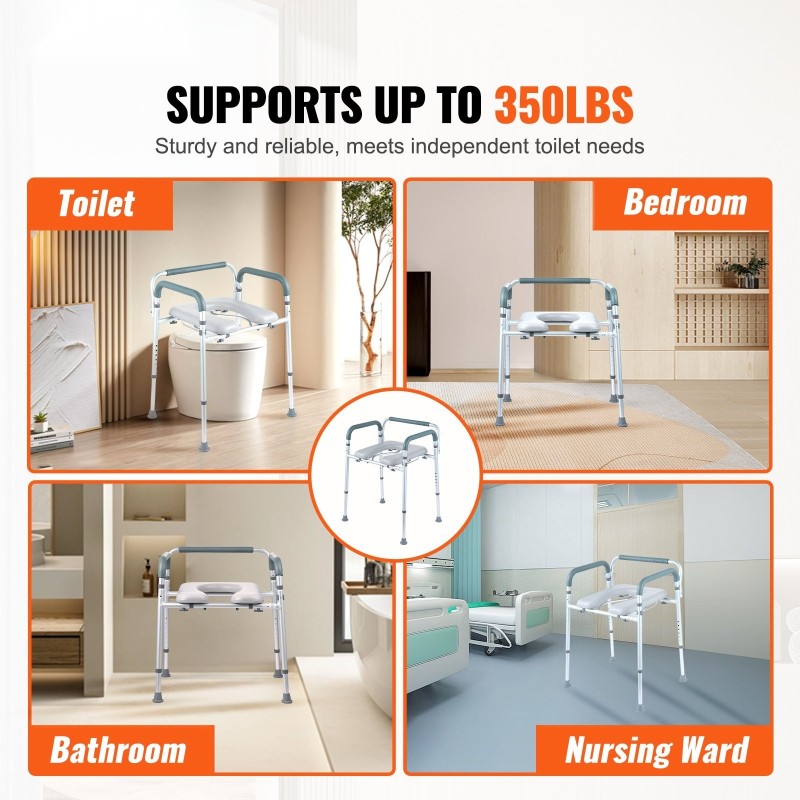 Wc-tuoli alumiinirunkoinen, 7-tasoinen korkeudensäätö, pehmustetut käsinojat, irrotettava 5,8 l ämpäri