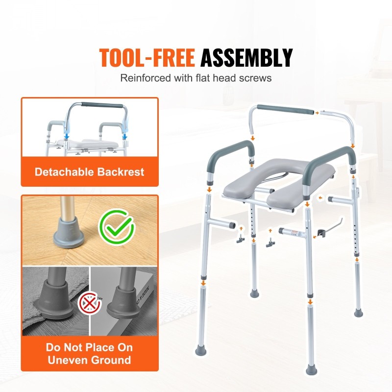 Wc-tuoli alumiinirunkoinen, 7-tasoinen korkeudensäätö, pehmustetut käsinojat, irrotettava 5,8 l ämpäri