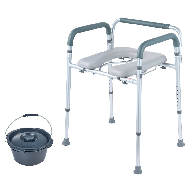 Wc-tuoli alumiinirunkoinen, 7-tasoinen korkeudensäätö, pehmustetut käsinojat, irrotettava 5,8 l ämpäri