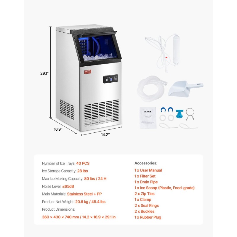 Vapaasti seisova kaupallinen jääpalakone ruostumaton teräs 38 kg vuorokaudessa 40 jääpalaa