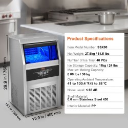 Jääpalakone ruostumatonta terästä 36 kg vuorokaudessa 11 kg säiliö 40 muottia