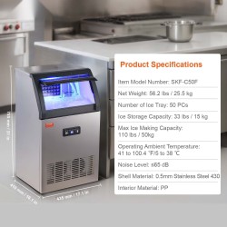Jääpalakone vapaasti seisova ruostumaton teräs 52 kg/vrk 15 kg säiliö 50-palainen muotti