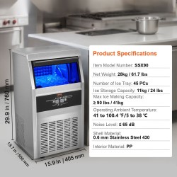 Kaupallinen jääpalakone ruostumaton teräs 41 kg vuorokaudessa 11 kg varasto 45 jääpalaa