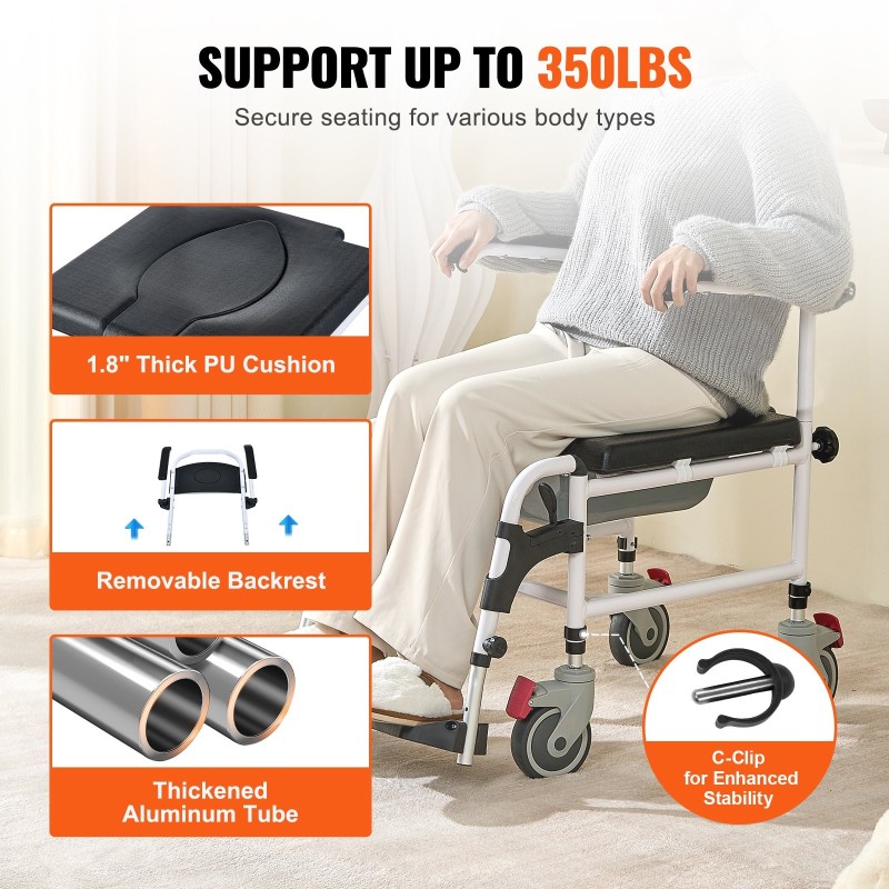 Suihku- ja wc-pyörätuoli alumiinirunko 3-tasoinen korkeussäätö 4 lukittavaa pyörää 5 l ämpäri