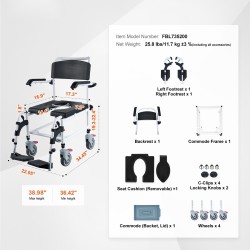 Suihku- ja wc-pyörätuoli alumiinirunko 3-tasoinen korkeussäätö 4 lukittavaa pyörää 5 l ämpäri
