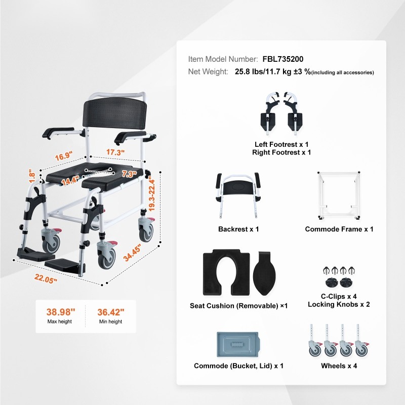 Suihku- ja wc-pyörätuoli alumiinirunko 3-tasoinen korkeussäätö 4 lukittavaa pyörää 5 l ämpäri