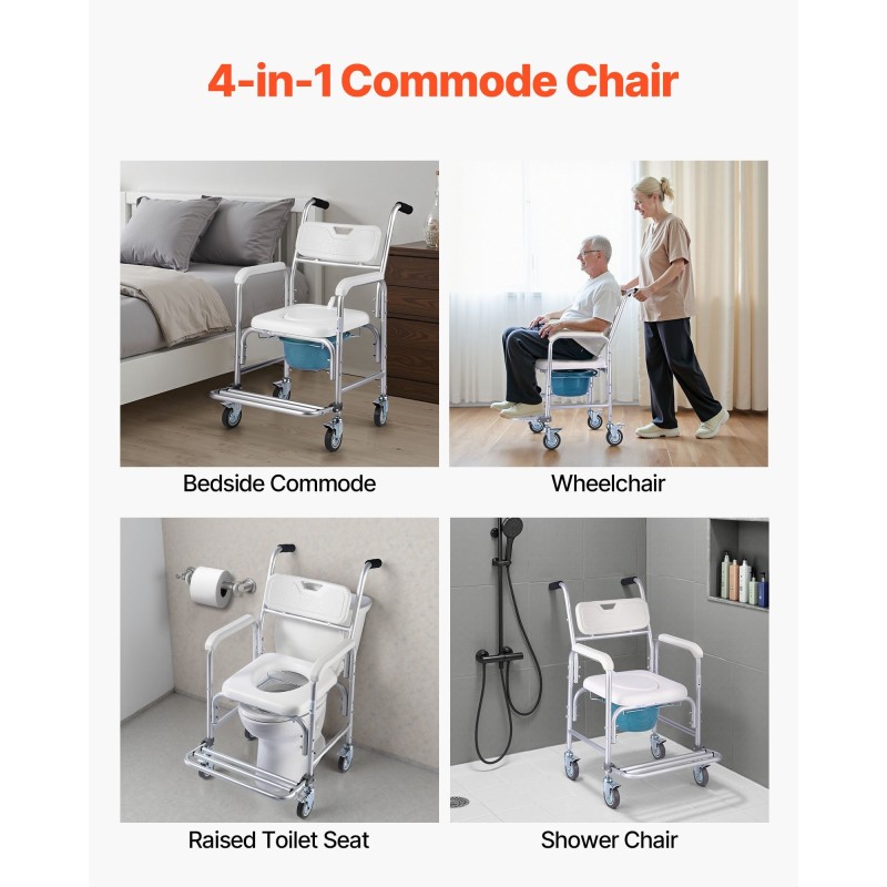 Yöpöydän wc-tuoli vahvistetuista putkista 159kg kantavuus pyörillä 5l ämpäri pehmustettu istuin