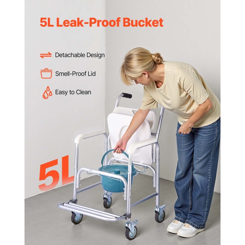 Yöpöydän wc-tuoli vahvistetuista putkista 159kg kantavuus pyörillä 5l ämpäri pehmustettu istuin