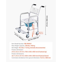 Yöpöydän wc-tuoli vahvistetuista putkista 159kg kantavuus pyörillä 5l ämpäri pehmustettu istuin