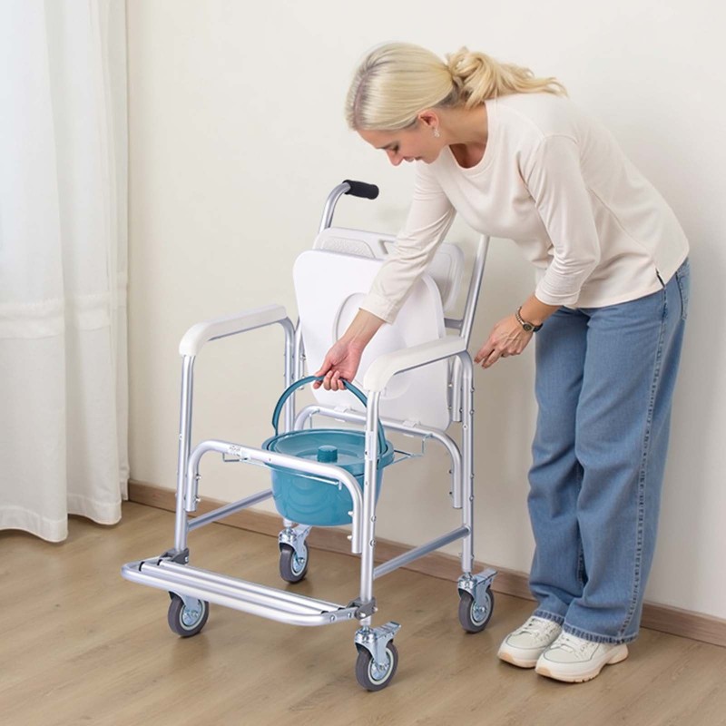 Yöpöydän wc-tuoli vahvistetuista putkista 159kg kantavuus pyörillä 5l ämpäri pehmustettu istuin