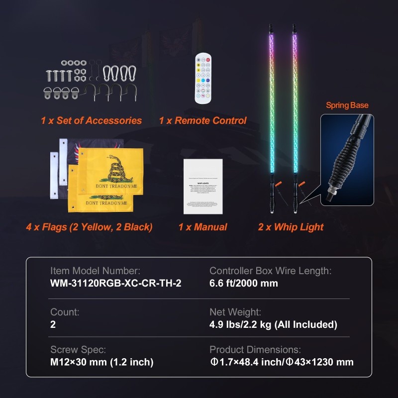 LED-piiska 2 kpl 1230 mm 360° spiraali IP67 12–24 V maastoajoneuvoihin