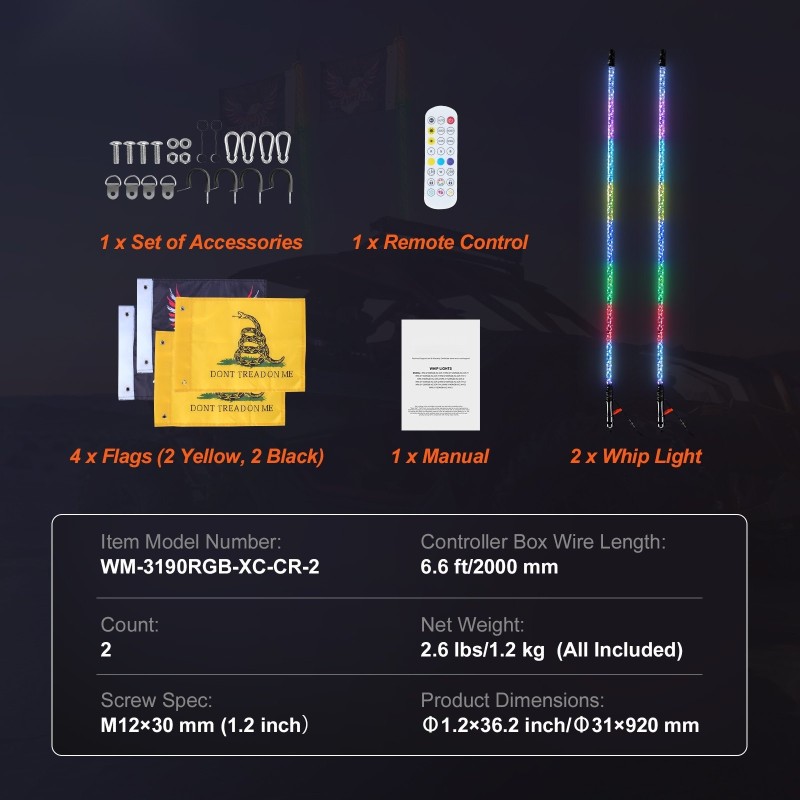 LED-piiskavalot 2 kpl 0,91 m RGB 360° spiraali IP67 ATV ja UTV