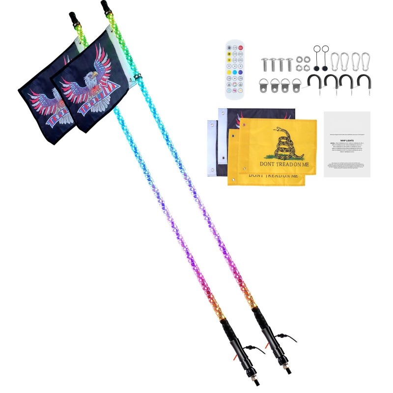 LED-whip-valot 2 kpl 121,9 cm RGB 360 asteen spiraali IP67