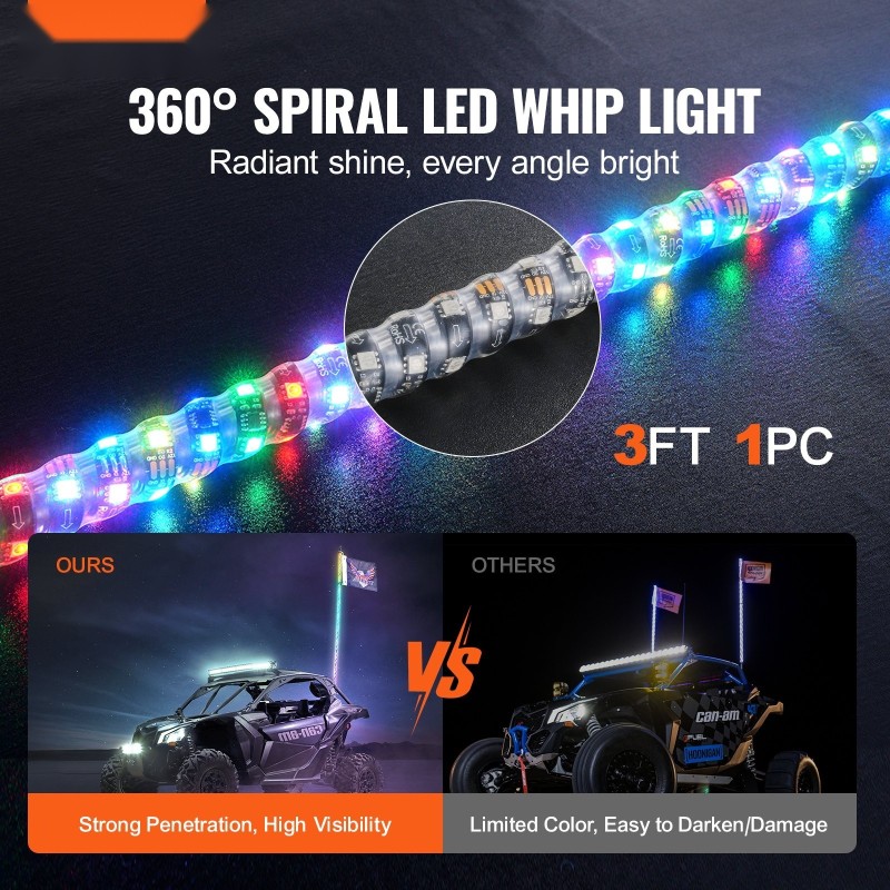 LED-piiskavalo 920 mm 360 asteen spiraali RGB IP67 mobiilisovellus ja radiotaajuinen ohjaus