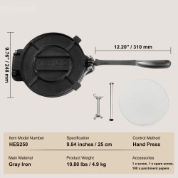 Tortillaprässi valurautainen 25 cm esikäsitelty pellavaöljyllä käsikäyttöinen 100 kpl leivinpaperia