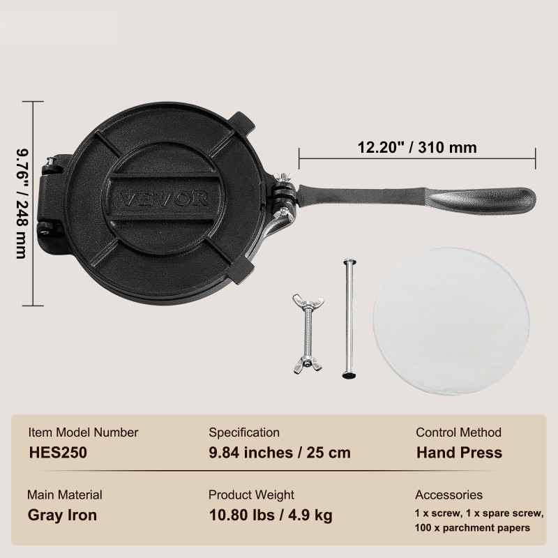 Tortillaprässi valurautainen 25 cm esikäsitelty pellavaöljyllä käsikäyttöinen 100 kpl leivinpaperia