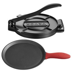 Valurautainen 8 tuumainen tortillaprässi paistinpannulla ja 100 leivinpaperiarkkia