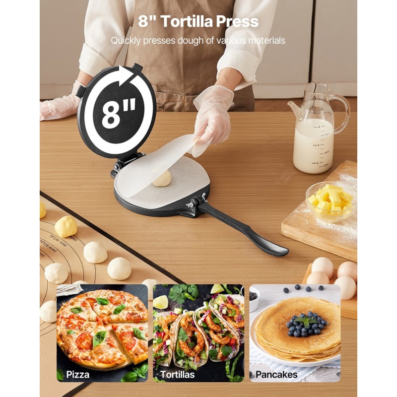 Valurautainen 8-tuumainen tortillaprässi paistinpannulla ja 100 leivinpaperiarkkia