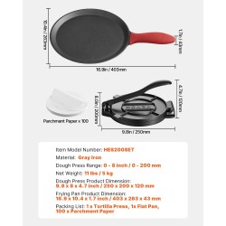 Valurautainen 8-tuumainen tortillaprässi paistinpannulla ja 100 leivinpaperiarkkia