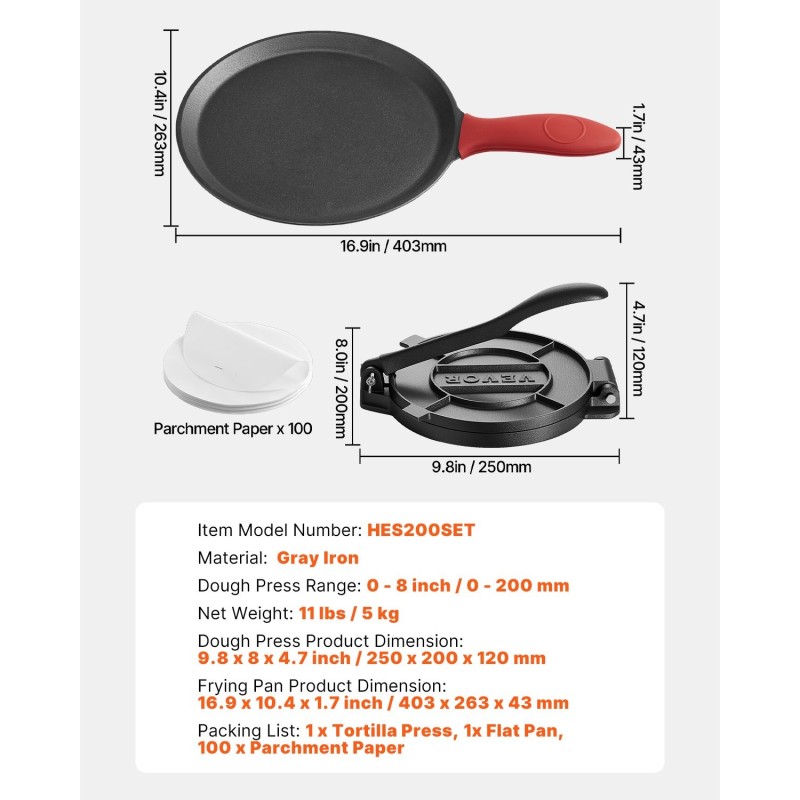 Valurautainen 8-tuumainen tortillaprässi paistinpannulla ja 100 leivinpaperiarkkia