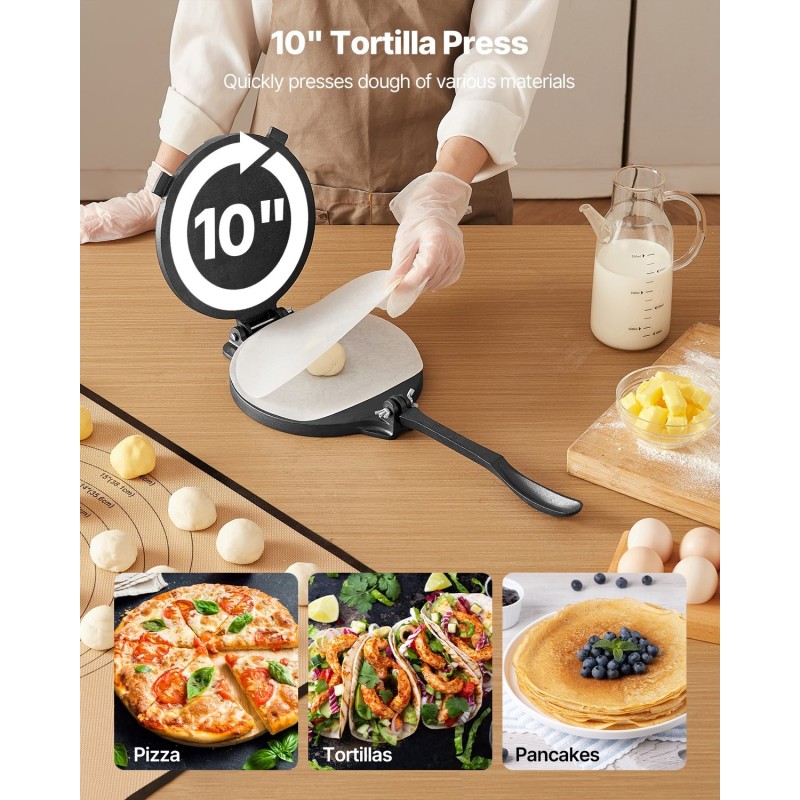 Tortillaprässi valurautainen 10 tuuman paistinpannulla ja 100 leivinpaperiarkilla