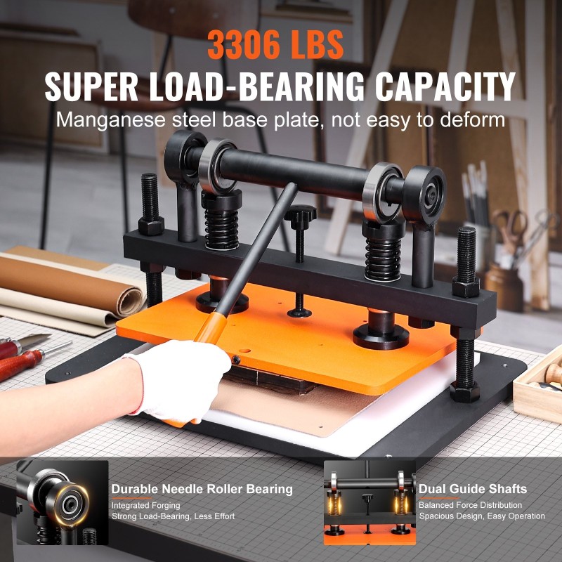 Käsikäyttöinen nahkaleikkuri ja kohokuviointikone 360 x 260 mm 12 mm puristusisku teräsrunko