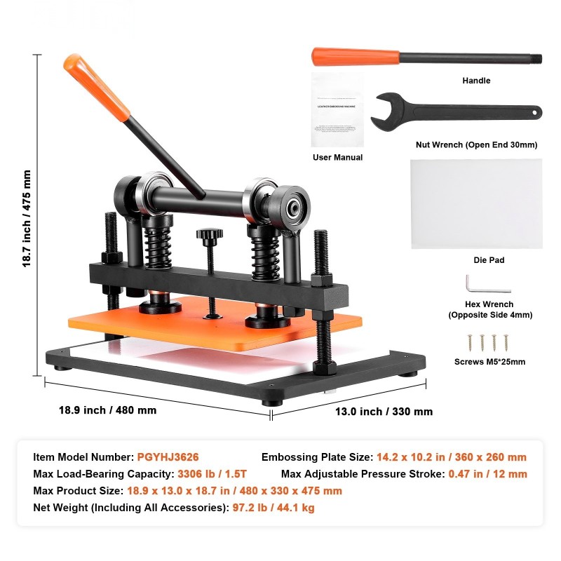 Käsikäyttöinen nahkaleikkuri ja kohokuviointikone 360 x 260 mm 12 mm puristusisku teräsrunko