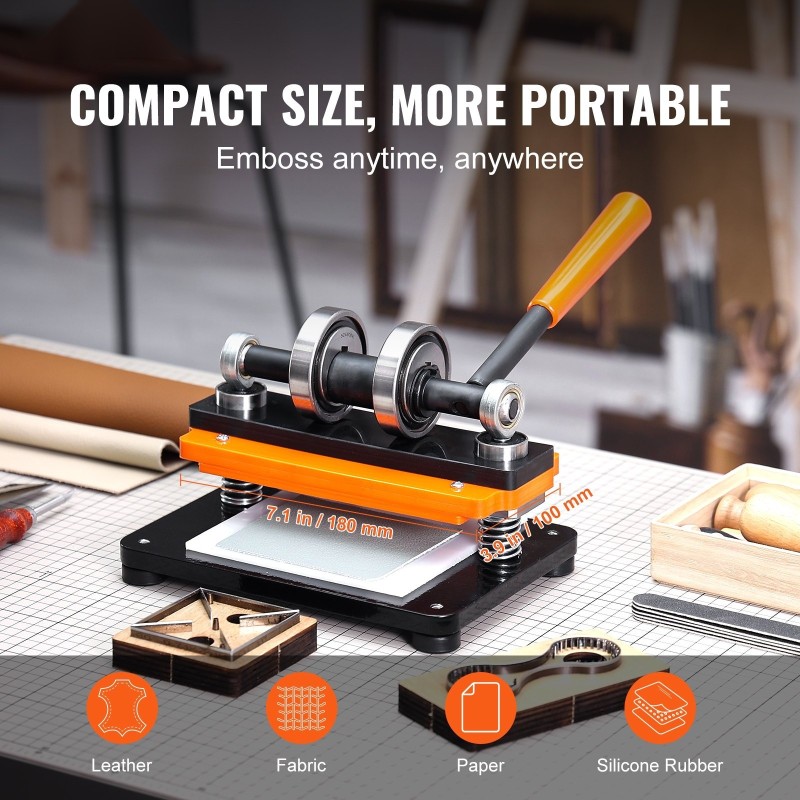 Nahkakohokuviointikone manuaalinen 180x100 mm alusta 12 mm puristus kaksinkertaiset ohjausakselit