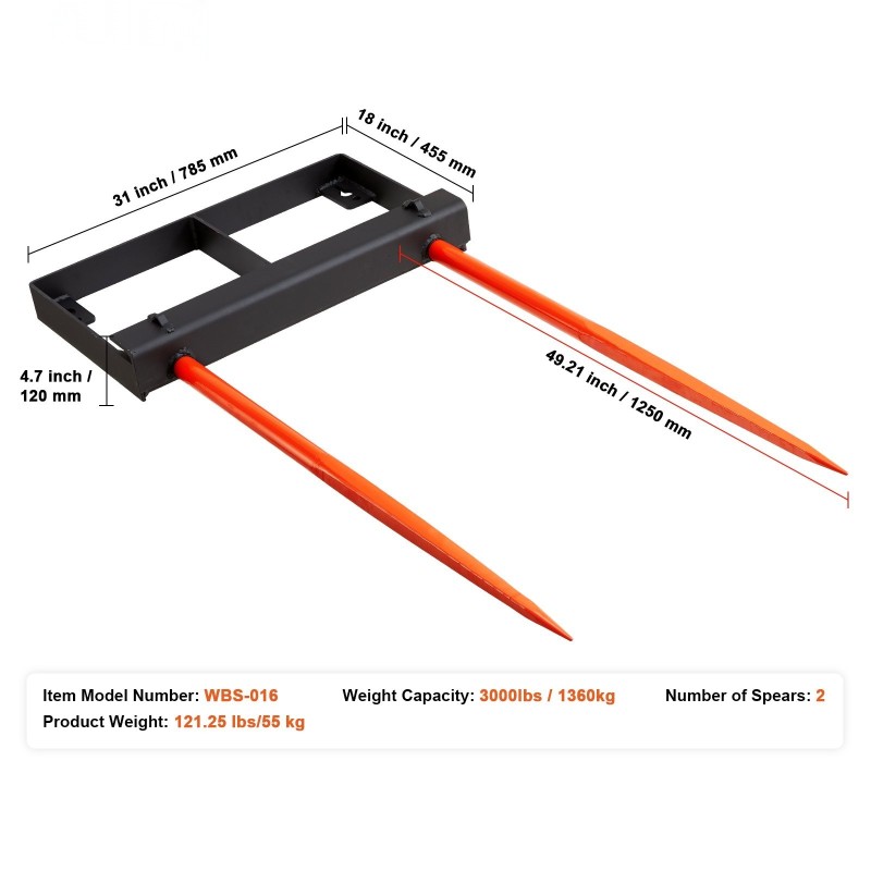 Heinäpaalipiikki korkealujuuksinen jousiteräs 1360 kg kantavuus 2 pääpiikkiä 49 tuumaa kauhakiinnitteinen