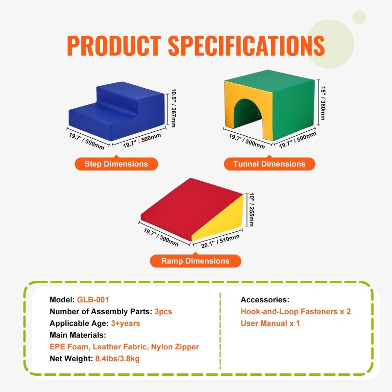 Pehmeä vaahtomuovinen kiipeilytunneli kolmeosainen portailla ja liukumäellä sisäleikkeihin yli kolmivuotiaille