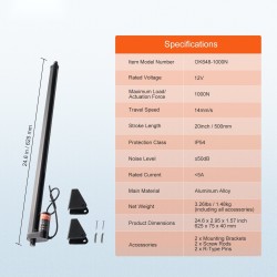 Lineaaritoimilaite 12 V 500 mm iskunpituus 1000 N nopea IP54 alumiiniseos