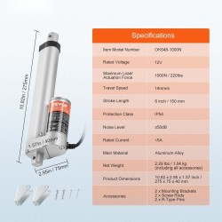 Lineaarinen toimilaite 12V iskunpituus 150 mm nopeus 14 mm/s 1000N IP54