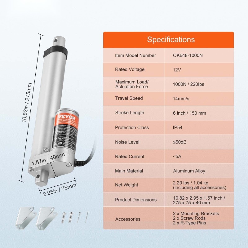 Lineaarinen toimilaite 12V iskunpituus 150 mm nopeus 14 mm/s 1000N IP54