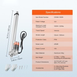 Lineaaritoimilaite alumiiniseos 12V 300 mm iskunpituus 1000N IP54 suojaus
