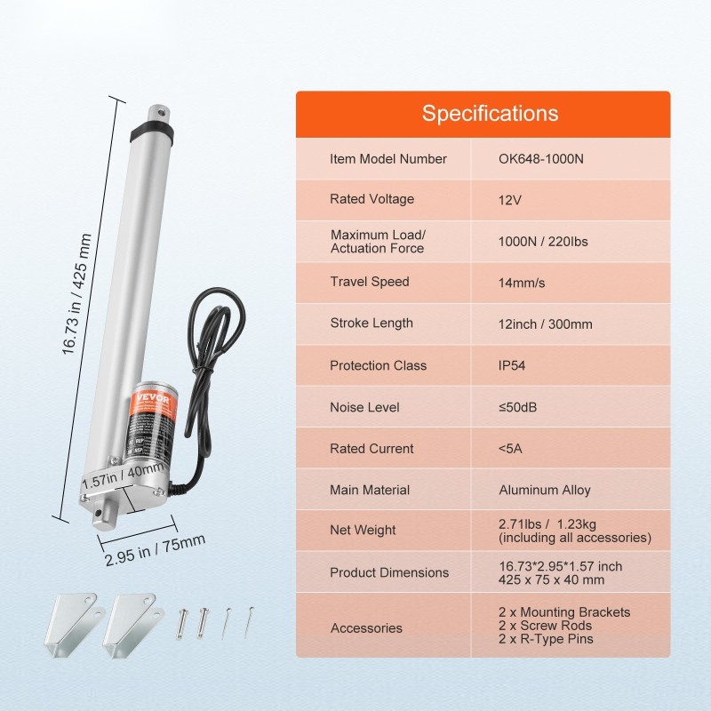 Lineaaritoimilaite alumiiniseos 12V 300 mm iskunpituus 1000N IP54 suojaus