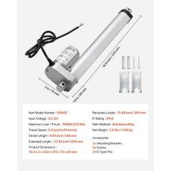 Lineaaritoimilaite 12V 250 mm iskunpituus 1000N 15 mm/s alumiiniseosrunko IP54 kiinnityskannattimella