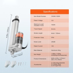 Lineaaritoimilaite 12 V 1500 N 100 mm iskunpituus IP54-suojattu alumiiniseos