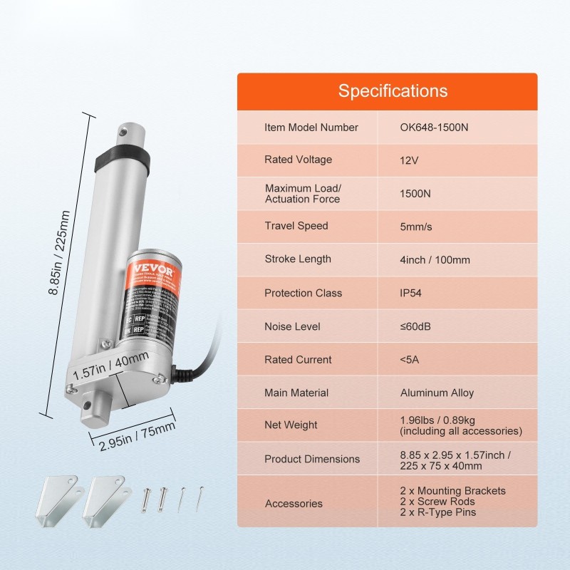Lineaaritoimilaite 12 V 1500 N 100 mm iskunpituus IP54-suojattu alumiiniseos