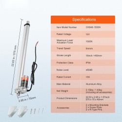 Lineaaritoimilaite 12V 450 mm iskunpituus 1500 N 5 mm/s IP54 alumiiniseos