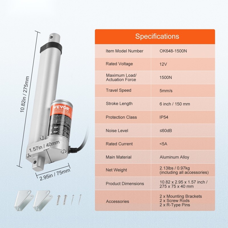 Lineaaritoimilaite alumiiniseos 12V iskunpituus 15,2 cm 1500N 5 mm/s IP54