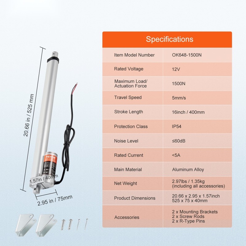 Lineaaritoimilaite 12 V 400 mm 1500 N työntövoima IP54 alumiinirunko