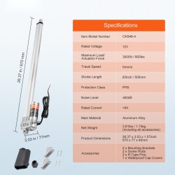 Lineaarinen toimilaite 12V 500 mm iskunpituus IP65 3000N alumiiniseosrunko ulkokäyttöön