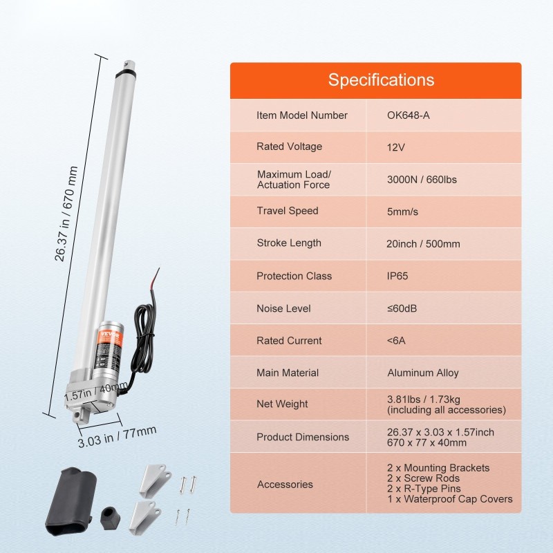 Lineaarinen toimilaite 12V 500 mm iskunpituus IP65 3000N alumiiniseosrunko ulkokäyttöön