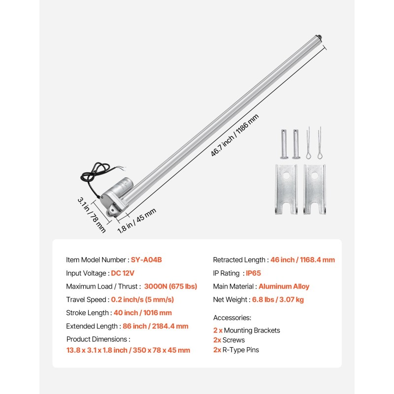 Lineaaritoimilaite 12V iskunpituus 1016 mm IP65 3000N alumiiniseosrunko
