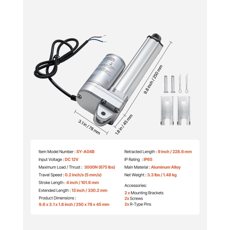 Lineaaritoimilaite 12 V alumiiniseos IP65 101,6 mm iskunpituus 3000 N asennuskannakkeilla