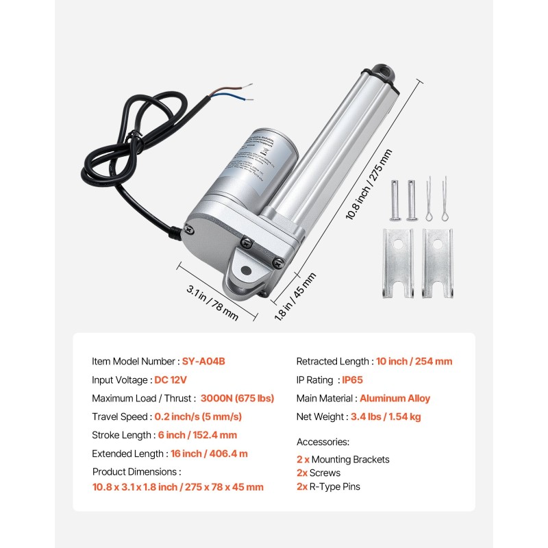 Lineaaritoimilaite 12V alumiiniseos 152 mm iskunpituus 3000N IP65 aurinkopaneelien seurantaan