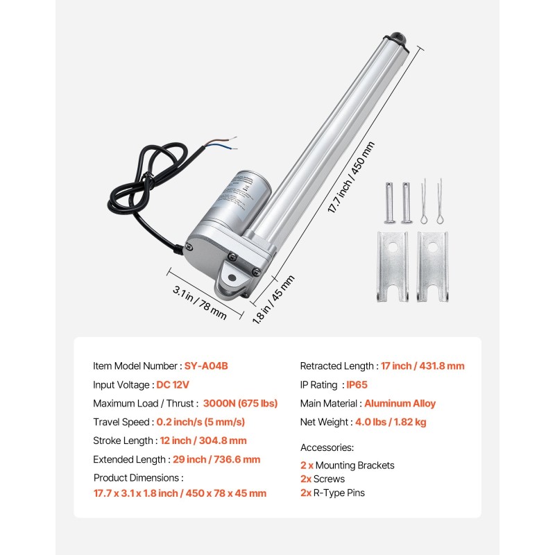 12V lineaaritoimilaite alumiiniseosrunko 304,8 mm iskunpituus IP65 suojaus 3000N työntövoima kiinnitystelineellä