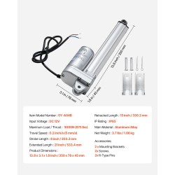 Lineaaritoimilaite 12V alumiiniseos 203 mm isku IP65 3000N aurinkopaneelien seurantaan